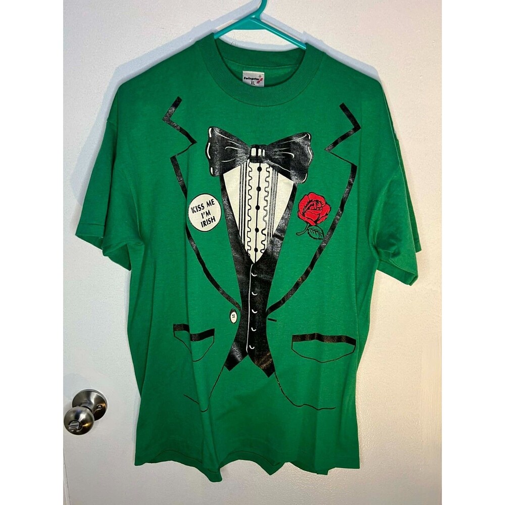 Vintage 90s Swingster "Kiss Me I'm Irish" St. Patrick's Day Tee XL Green USA